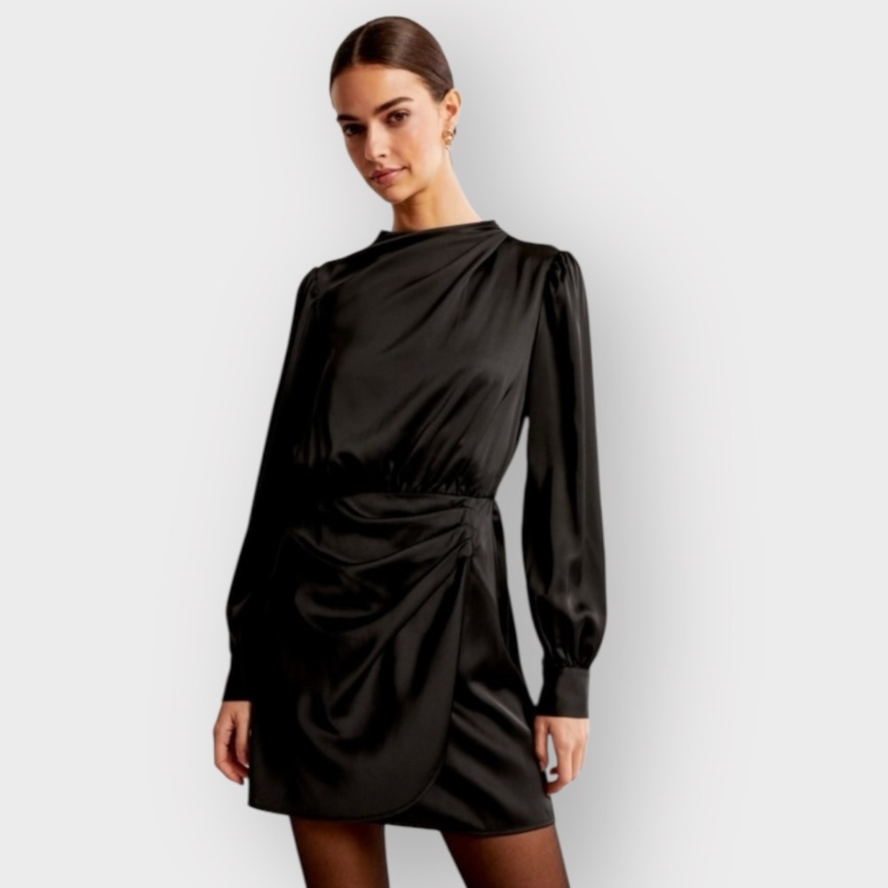 Abercrombie NWT Long-Sleeve Satin Draped High-Neck Mini Dress L Tall